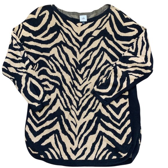 Cabi Zebra Print Knit Sweater Top Sz M Black Beige 3/4 Sleeve Safari Mob Wife - Picture 9 of 13